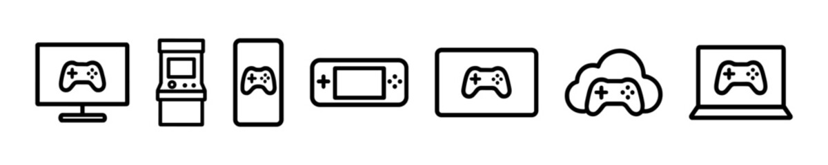 Gaming icons collection: console, arcade, mobile, handheld, cloud, laptop