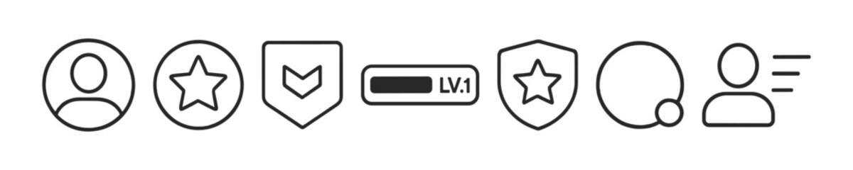 Obraz premium Set of game level icons: stars, shields, progress bar