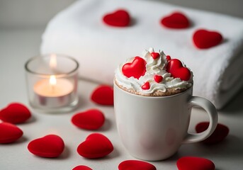 A romantic hot chocolate topped with whipped cream and heart candies, perfect for valentines day