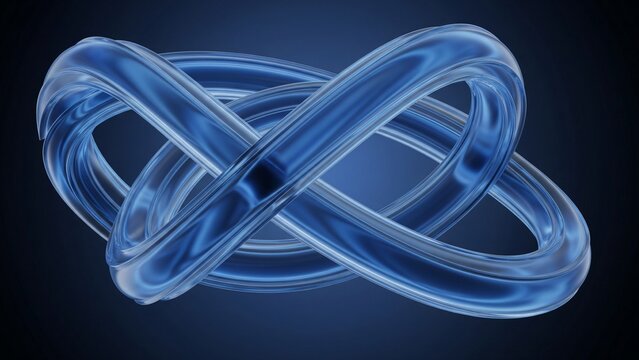 Abstract 3D render of two interwoven blue glass or liquid torus shapes on a dark, gradient blue background, symbolizing infinity or connection. - Powered by Adobe