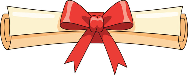 Cartoon illustration of a rolled parchment scroll tied with a red bow.