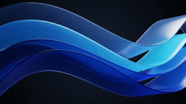 Dynamic 3D render of layered, flowing abstract ribbons in multiple shades of blue, with a subtle dotted texture on a dark background. - Powered by Adobe