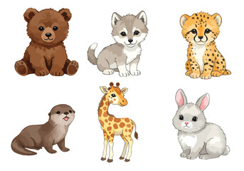 Cute cartoon animal collection featuring playful pets and wild animal heads