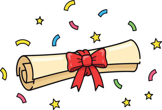A cartoon illustration of a rolled diploma tied with a red ribbon, surrounded by colorful confetti and stars.