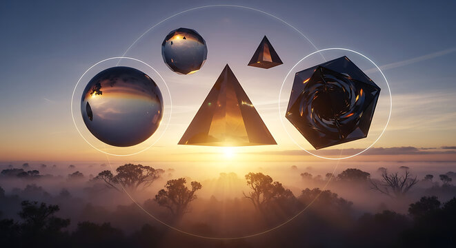 Floating abstract geometric shapes above a misty forest at dawn