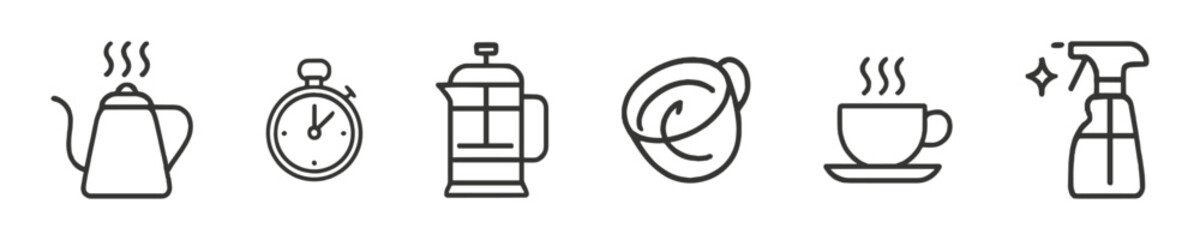 Coffee preparation icons: kettle, timer, french press, cups, spray bottle