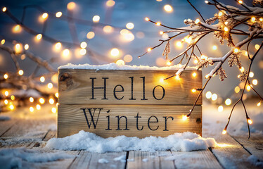 Wooden sign with the inscription Hello Winter on the background of snow
