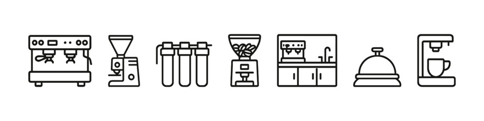 Coffee equipment icons: espresso machine, grinder, french press, beans, kitchen, bell, cup