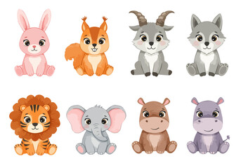 Watercolor set of Cute Baby Animals Illustration, set of animals