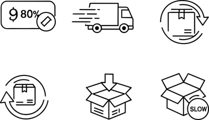 Shipping icons, discount label, fast delivery, return package, open box, editable price tag, slow shipping, ecommerce symbols, logistics vector, black white