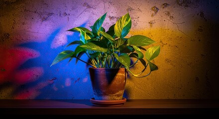 Vibrant Potted Plant Bathed in Dramatic Colorful Lighting Against Textured Wall