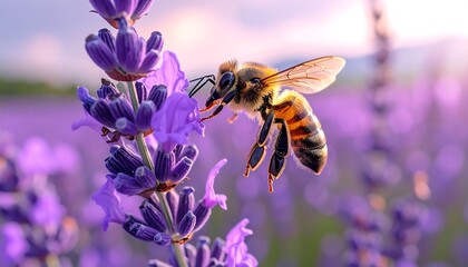 A bee is gathering nectar from lavender blooms, with soft light filtering through a blurred field