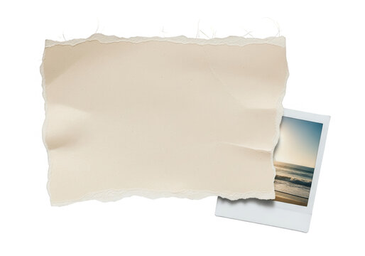 Aged torn paper with copy space and frayed edges, revealing a vintage polaroid photo of a tranquil beach sunset. - Powered by Adobe