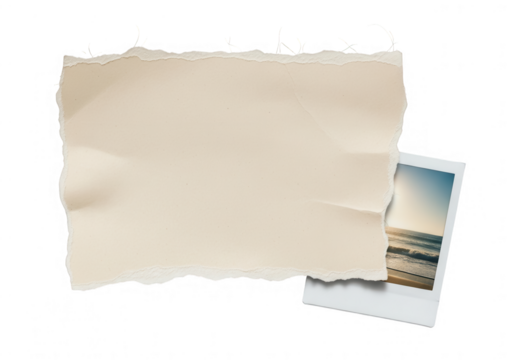 Aged torn paper with copy space and frayed edges, revealing a vintage polaroid photo of a tranquil beach sunset.