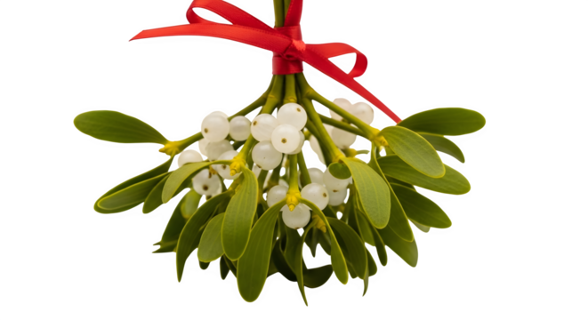 A traditional bunch of mistletoe with white flowers tied with a red ribbon isolated on transparent background