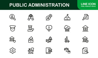 Public Administration Line Icon Set. Modern, professional icons illustrating government services, administrative workflow, and civic management tools.
