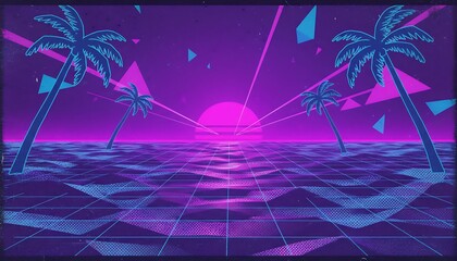 Vibrant retrowave sunset over a neon grid ocean with silhouetted palm trees and abstract geometric shapes, evoking an 80s futuristic aesthetic, bathed in purple and blue light
