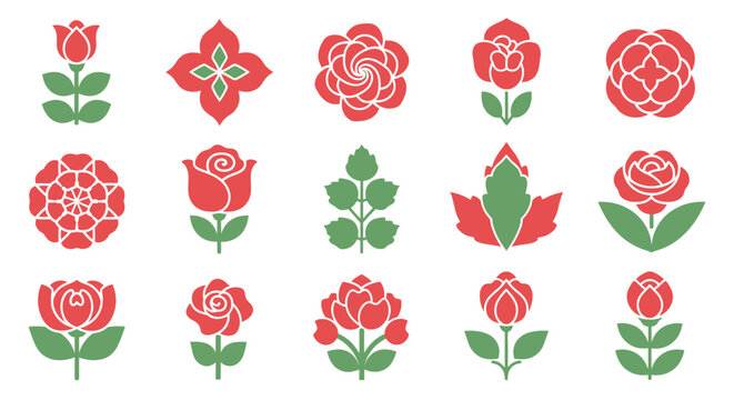 A collection of stylized red and green rose floral design elements