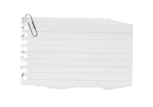 Torn piece of lined notebook paper with a metal paperclip attached, offering empty space for notes or messages.