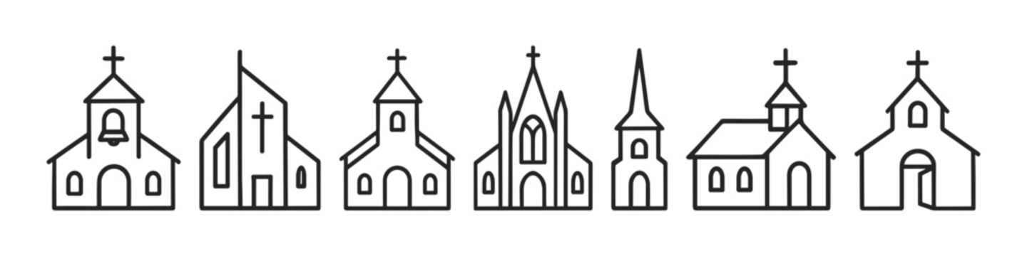 Collection of linear church icon designs with various architectural styles