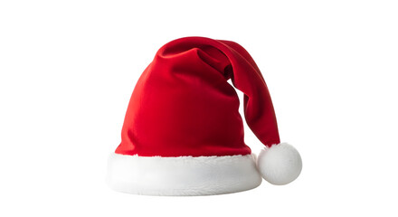 Classic red santa claus hat with white fluffy trim and pom pom isolated on transparent background