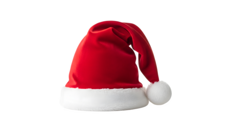 Classic red santa claus hat with white fluffy trim and pom pom isolated on transparent background