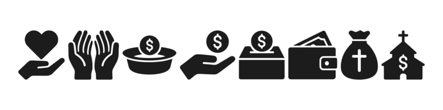 Charity symbols: donation, giving, finance icons for non-profit and religious organizations