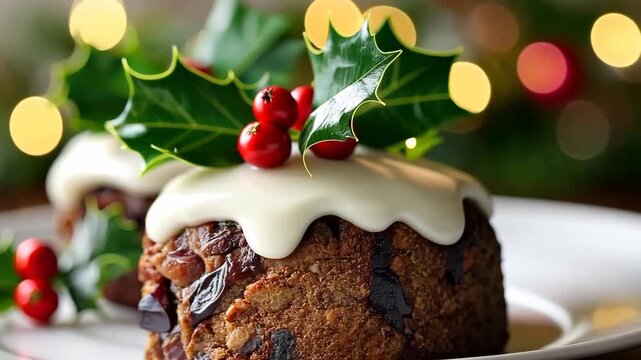 Festive dessert ideas with rich fruitcake topped with creamy icing and holly for delightful holiday gatherings
