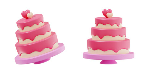 3D Pink Wedding Cake Icon with Heart Topper