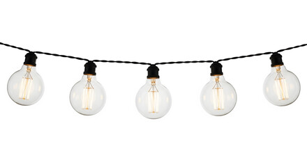 A string of five vintage edison style led light bulbs hanging on a black cord isolated on transparent background