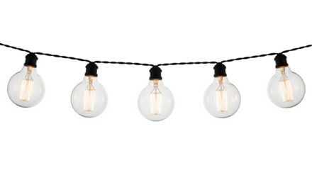 A string of five vintage edison style led light bulbs hanging on a black cord isolated on transparent background