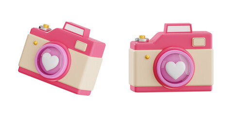 3D Cute Pink Camera Icon with Heart Lens