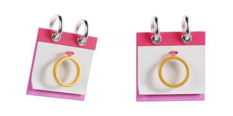 3D Wedding Date Calendar Icon with Engagement Ring