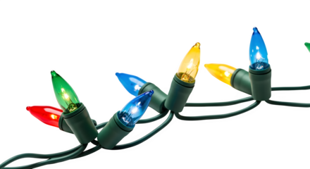 Close up of a string of colorful christmas lights with red green blue and yellow bulbs isolated on transparent background
