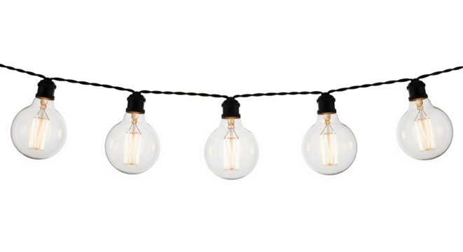 A string of five vintage edison style led light bulbs hanging on a black cord isolated on transparent background