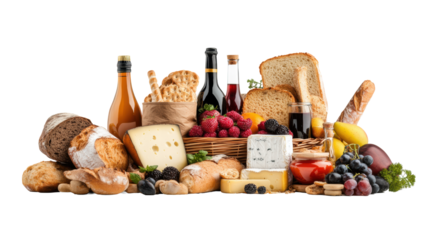 Picnic Basket with Wine, Cheese, Fruits, Bread on Display