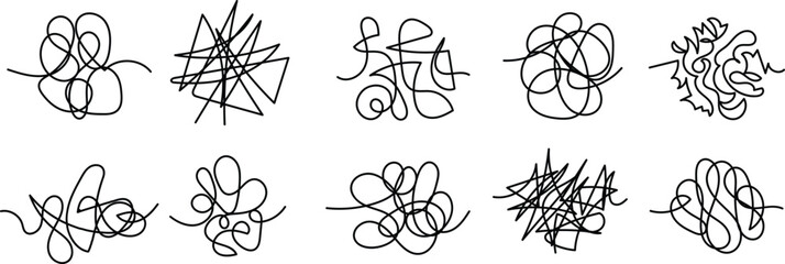 Doodle clew. Chaos lines, hand drawing tangled clew, insane mess scribble, confused brain thinking doodle, clutter complicated concept. Squiggles and scrawl vector set