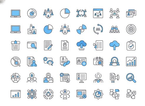 Icons of Business: A curated collection of meticulously designed icons representing various facets of business operations, including data analysis, teamwork, and planning.