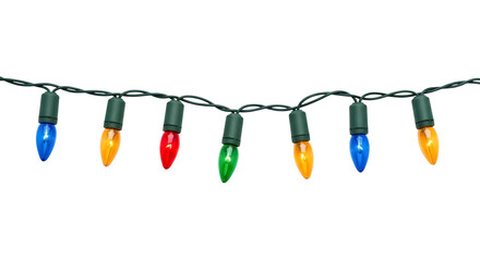 A strand of colorful c7 christmas lights with blue orange red and green bulbs on a black background isolated on transparent background