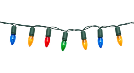 A strand of colorful c7 christmas lights with blue orange red and green bulbs on a black background isolated on transparent background