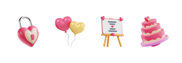 3D Wedding Celebration Icon Set with Cake and Balloons