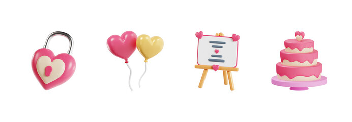 3D Wedding Celebration Icon Set with Cake and Balloons