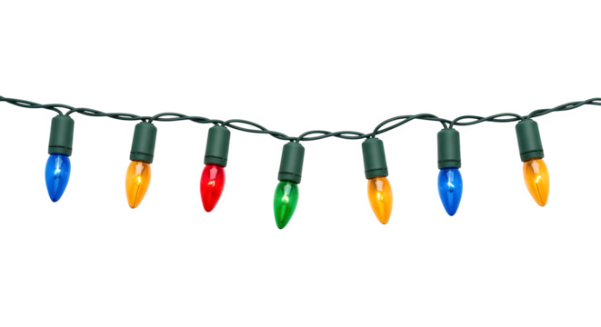A strand of colorful c7 christmas lights with blue orange red and green bulbs on a black background isolated on transparent background - Powered by Adobe