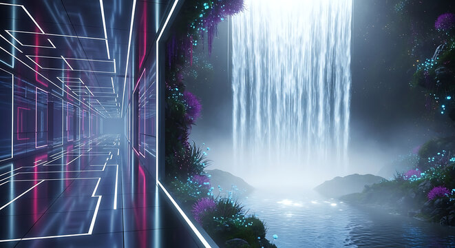 Abstract sci-fi tunnel next to a magical fantasy waterfall scene