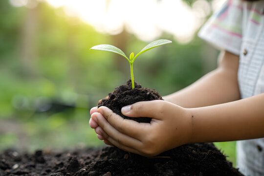 Child’s hands cupping seedling in rich soil