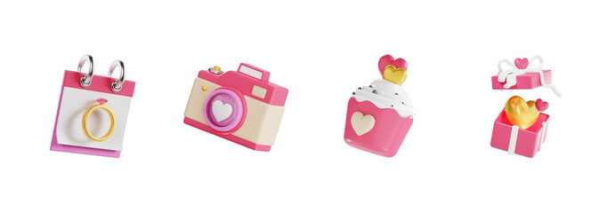 3D Wedding Planning Icon Collection with Camera and Gifts