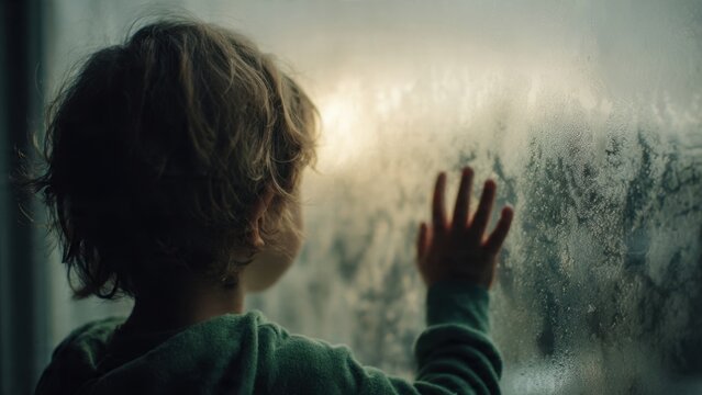 A child looking out a window with rain drops on the glass with their hand against the window pane