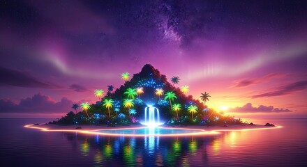 Magical glowing island paradise at twilight