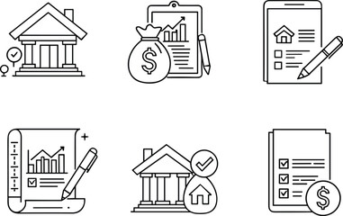 Finance icons, banking, mortgage documents, investment chart, real estate approval, money bag, checklist, vector line art, black and white