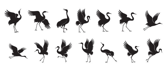 Obraz premium Crane bird silhouettes collection, elegant heron poses, flying and standing birds, wildlife illustration, nature animal design, graceful bird vector art, black silhouette